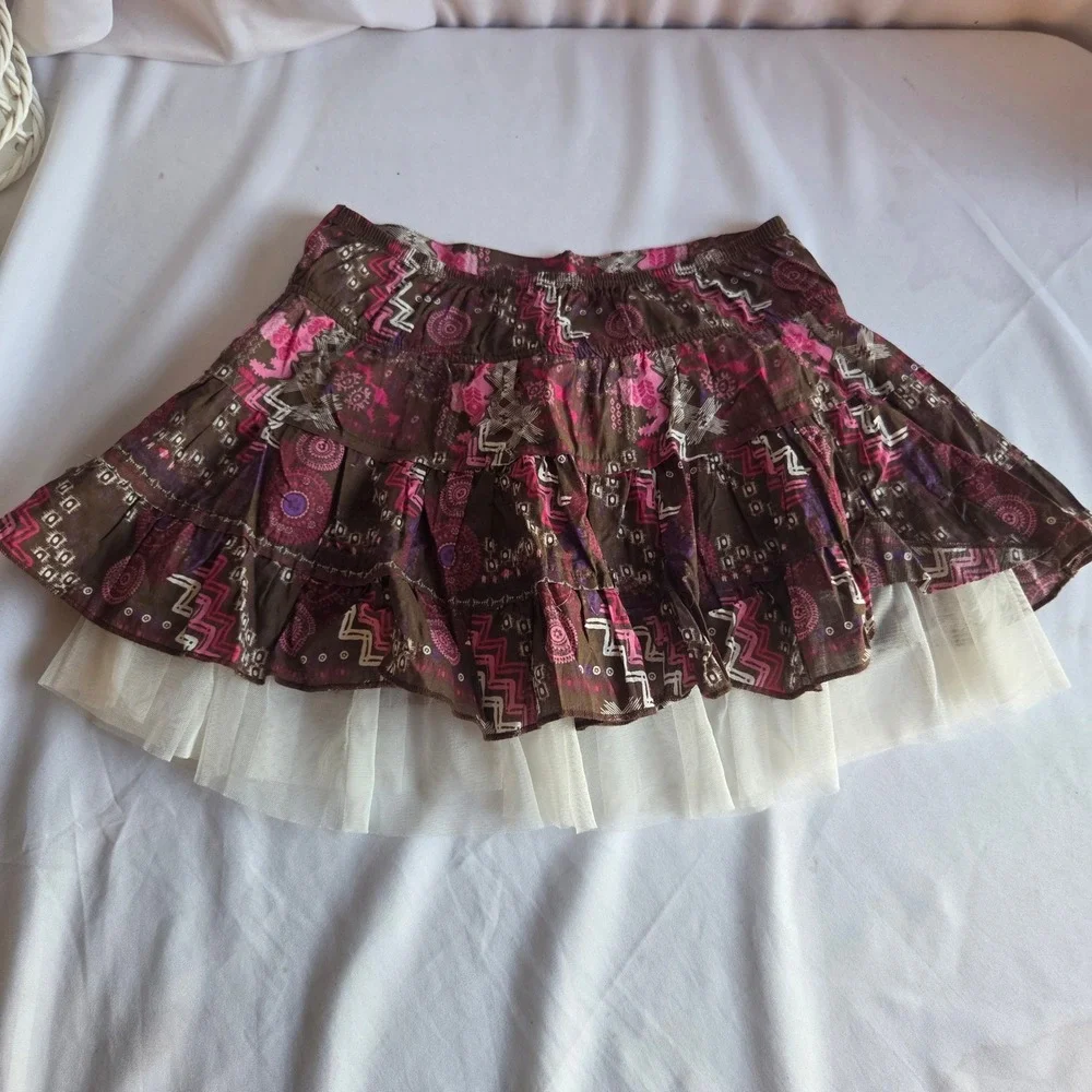 Eyeshadow Girl Brown Pink Boho Tiered Skort Y2K Fairycore Tulle Trim Size L 14‎